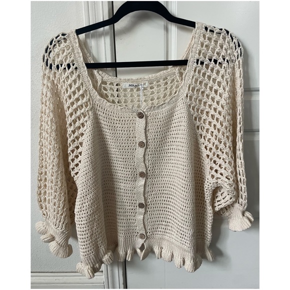Miracle Cozy Crochet Button down Ruffle Sweater Top - Picture 15 of 16